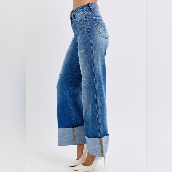 Judy Blue High-Rise Torn Boyfriend Jeans Ultra Wide Leg Cuff Raw Hem Denim Pants - Picture 6 of 16